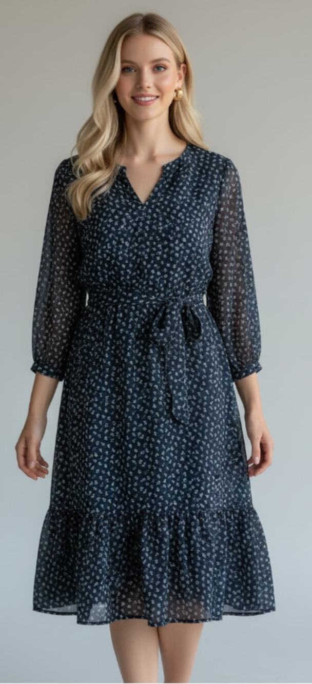 Talbots Midi Dress Size 10 Anchor Nautical Flounce Hem Split Neck Belted Navy